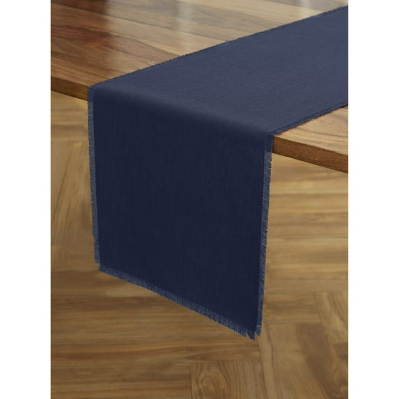 Solino Home Linen Navy Blue Table Runner 48 Inches - Fringe, 100% Pure Linen Short Table Runner 14 x 48 Inch Ideal for Dresser and Coffee Tables - Winter, Holiday, New Year
