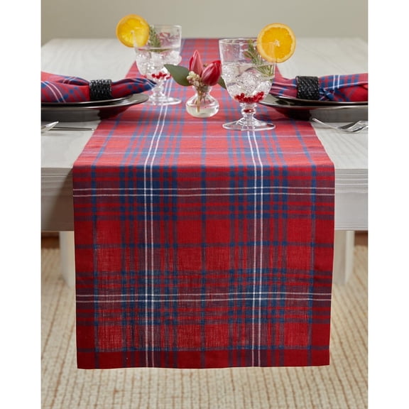 Linen Tartan Plaid Table Runner 144 Inches Long - 100% Pure Linen Red and Navy Table Runner 14 x 144 Inch for Dining