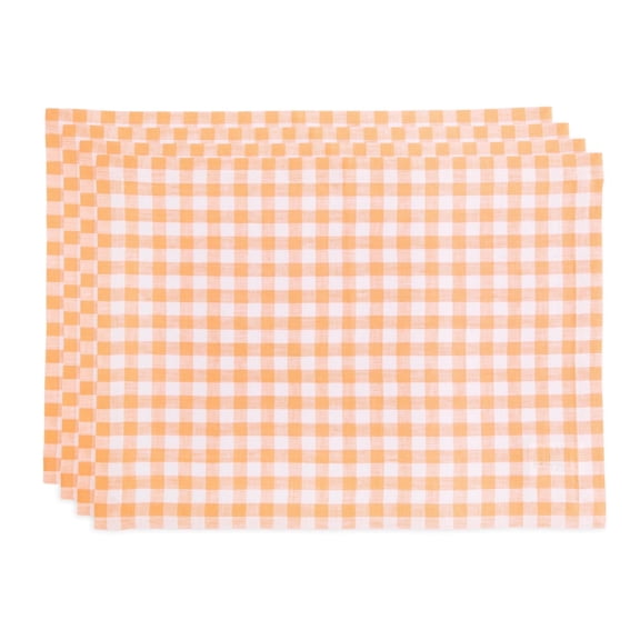 Linen Placemats Set of 4 - 100% Pure Linen Sunny Orange Cloth Place Mats 14 x 19 Inch - Gingham Check
