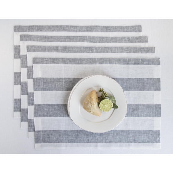 Solino Home Linen Placemats Set of 4 - Cabana Stripe Grey and White Placemats 14 x 19 Inch - 100% Pure Linen Place Mats for Winter, New Year