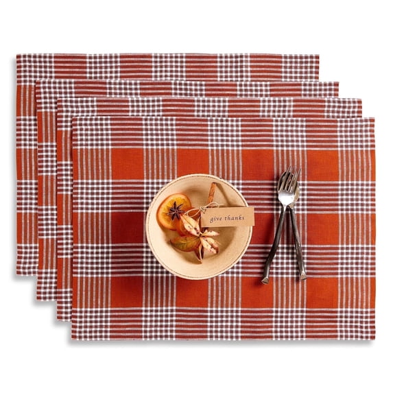Linen Placemats Set of 4 - Glen Check Nutmeg Placemats 14 x 19 Inch - 100% Pure Linen Table Place Mats