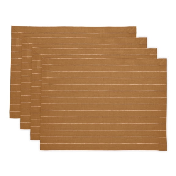 Solino Home Linen Placemats Set of 4 - Pinstripe Camel and White Placemats 14 x 19 Inch - 100% Pure Linen Place Mats for Summer, Fall, Autumn