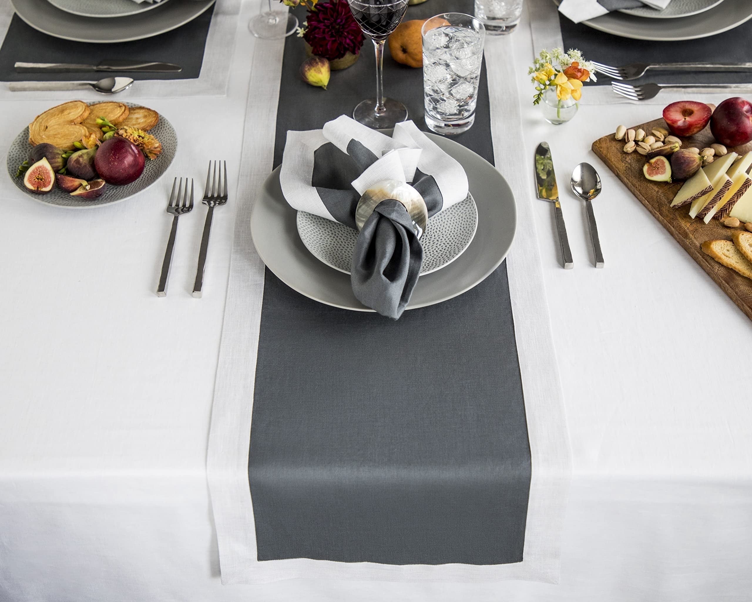 Linen Table Runner 72 Inches Long - Lava Smoke/Silver Shimmer Border Decorative Table Runner 14 x 72 Inch - Festive Edge, Handcrafted and Machine Washable