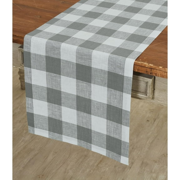 Solino Home Linen Checkered Table Runner 132 Inches Long - 100% Pure Linen Buffalo Check Grey and White Table Runner 14 x 132 Inch Ideal for Dining, Winter