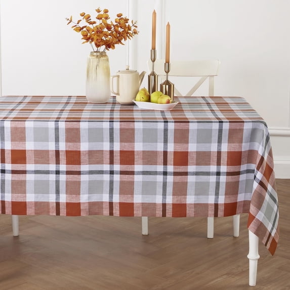 Linen Plaid Tablecloth 60 x 108 Inch - 100% Pure Linen Cinnamon Table Cloth for Rectangle Tables - Fall Buffalo Check Machine Washable Tablecloth