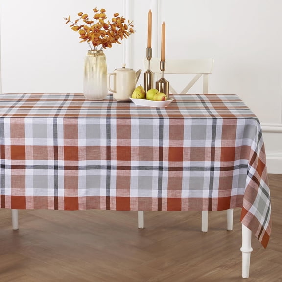 Solino Home Linen Plaid Tablecloth 60 x 108 Inch - 100% Pure Linen Cinnamon Table Cloth for Rectangle Tables - Fall Buffalo Check Machine Washable Tablecloth for Holiday, New Year