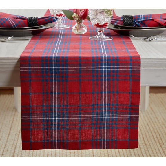 Plaid Table Runner 60 Inches - 100% Pure Linen Red and Navy Tartan Plaid Table Runner 14 x 60 Inch Ideal for Dresser and Coffee Tables