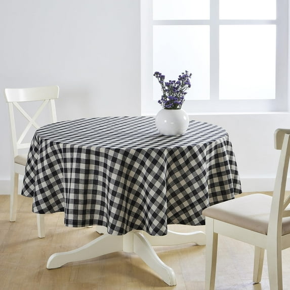 Solino Home Linen Round Tablecloth 60 Inch - 100% Pure Linen Black and Cream Tablecloth - Morgan Check, Machine Washable Table Cloth for Fall, Autumn, Halloween