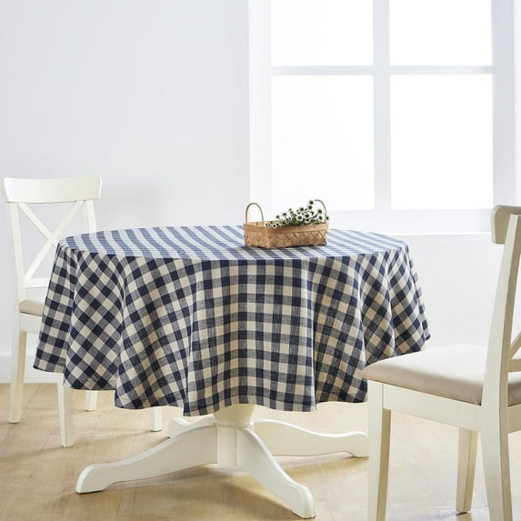 Solino Home Linen Round Tablecloth 60 Inch - 100% Pure Linen Navy and Natural Tablecloth - Morgan Check, Machine Washable Table Cloth for Winter