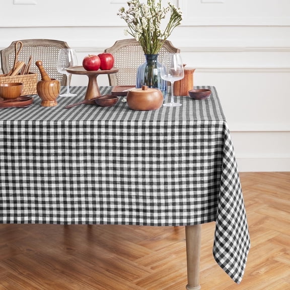 Linen Square Tablecloth 52 x 52 Inch - 100% Pure Linen Black Gingham Check Tablecloth - Machine Washable Table Throw