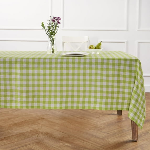 Solino Home Linen Square Tablecloth 52 x 52 Inch - 100% Pure Linen Buffalo Check Dark Citron and Cream Table Throw - Morgan, Machine Washable Table Cloth for Summer