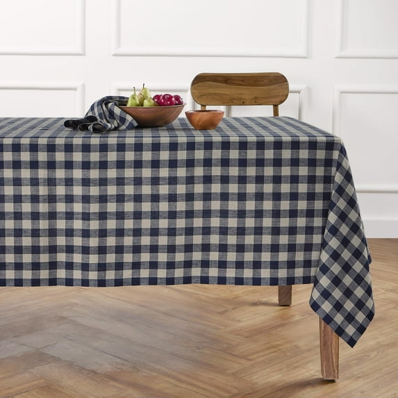 Solino Home Linen Square Tablecloth 52 x 52 Inch - 100% Pure Linen Navy and Natural Table Throw - Morgan Check, Machine Washable Table Cloth for Holiday, Winter