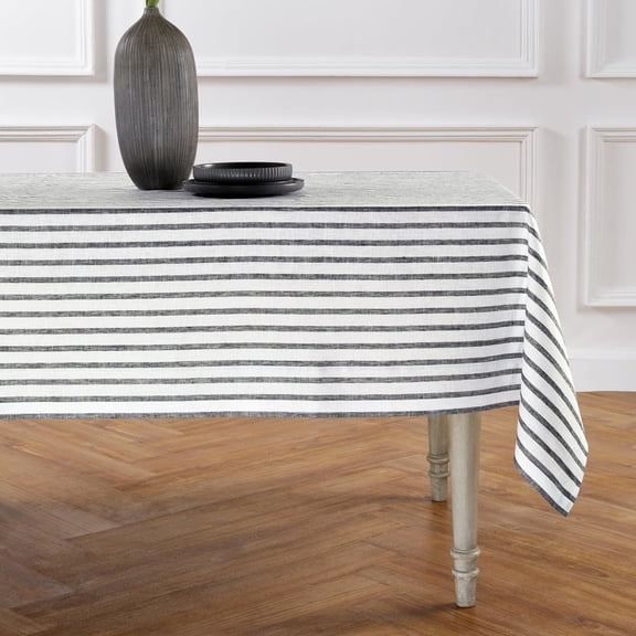 Linen Square Tablecloth 52 x 52 Inch - Madison Stripe, 100% Pure Linen Black and White Table Throw - Machine Washable Tablecloth