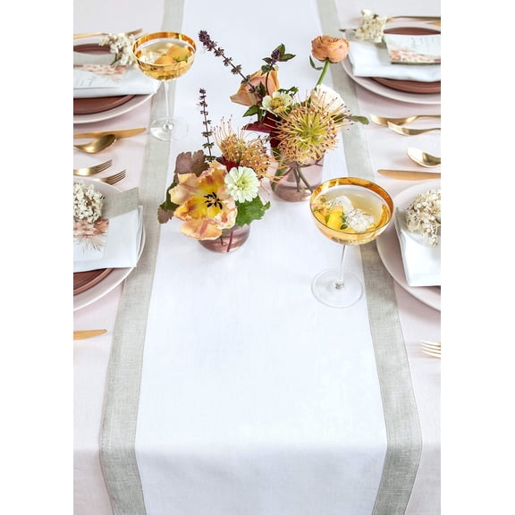 Solino Home Linen Table Runner 48 Inch - White/Natural Shimmer Border Decorative Table Runner 14 x 48 Inch for Holiday, New Year - Festive Edge, Handcrafted and Machine Washable