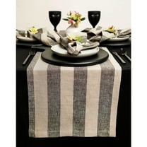 Solino Home Linen Table Runner 108 Inches Long - Cabana Stripe, 100% Pure Linen Black and Natural Table Runner 14 x 108 Inch for Dining, Holiday