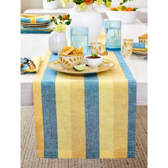 Solino Home Linen Table Runner 108 Inches Long - Cabana Stripe, 100% Pure Linen Bright Summer Stripe Farmhouse Table Runner 14 x 108 Inch for Dining, Spring, Easter