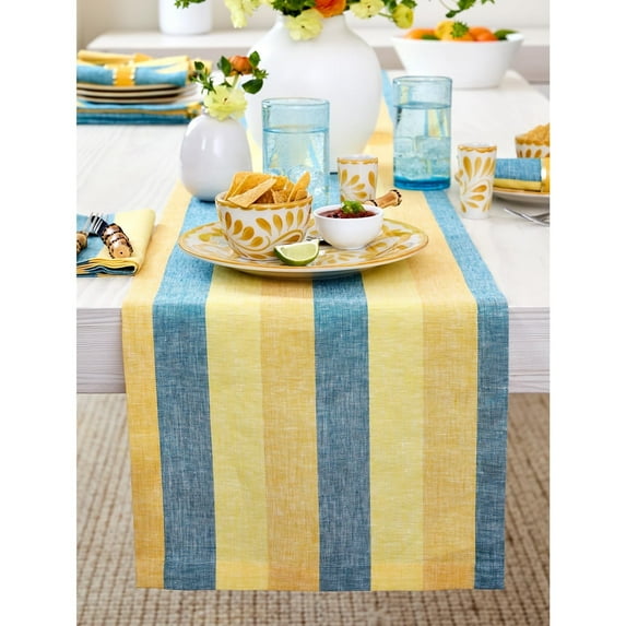 Solino Home Linen Table Runner 108 Inches Long - Cabana Stripe, 100% Pure Linen Bright Summer Stripe Farmhouse Table Runner 14 x 108 Inch for Dining