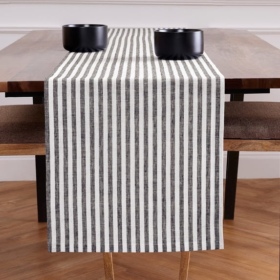 Linen Table Runner 120 Inches Long - Amalfi Stripe, 100% Pure Linen Black and White Farmhouse Table Runner 16 x 120 Inch for Dining