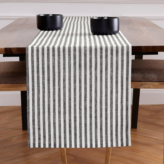 Solino Home Linen Table Runner 120 Inches Long - Amalfi Stripe, 100% Pure Linen Black and White Farmhouse Table Runner 16 x 120 Inch for Dining