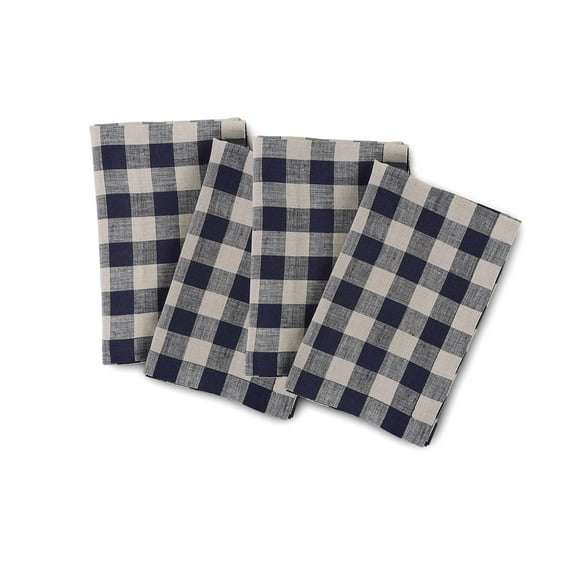 Solino Home Set of 4 Pure Linen Navy and Natural Dinner Napkins 20 x 20 Inch - New Year, Winter - Morgan Check, Handcrafted, Machine Washable