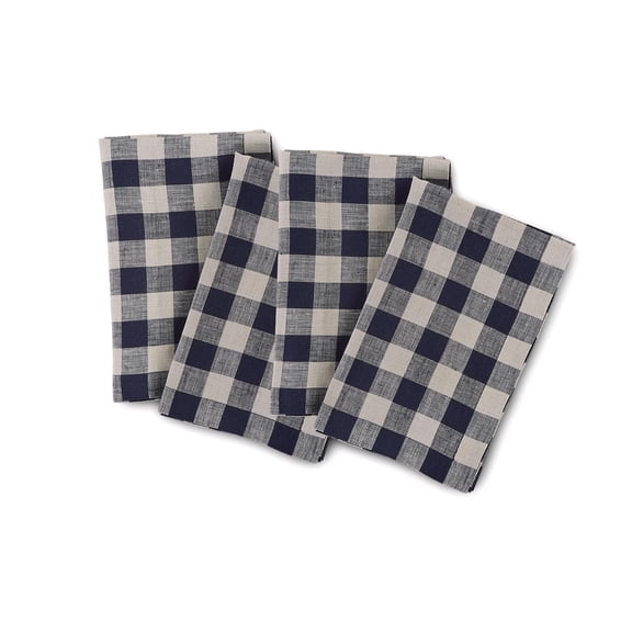 Solino Home Set of 4 Pure Linen Navy and Natural Dinner Napkins 20 x 20 Inch - New Year, Winter - Morgan Check, Handcrafted, Machine Washable
