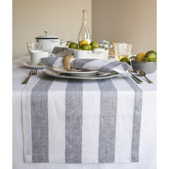 Solino Home Linen Striped Table Runner 120 Inches Long - Cabana Stripe 100% Pure Linen Grey and White Dining Table Runner 14 x 120 Inch for Summer, Fall, Autumn
