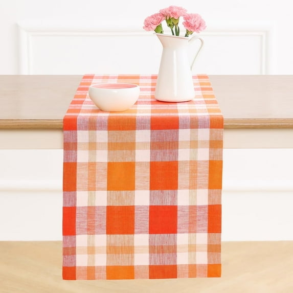 Solino Home Pure Linen Pumpkin Plaid Table Runner 14 x 90 Inch for Dining - New Year – Fall Buffalo Check