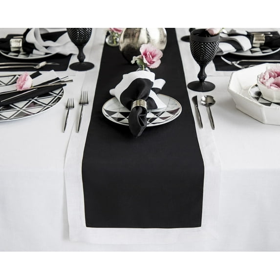 Solino Home Linen Table Runner 48 Inch - Black/Silver Shimmer Border Decorative Table Runner 14 x 48 Inch for New Year - Festive Edge, Handcrafted and Machine Washable