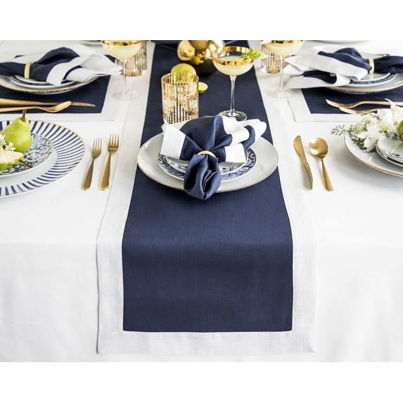 Linen Table Runner 48 Inch - Navy/Silver Shimmer Border Decorative Table Runner 14 x 48 Inch - Festive Edge, Handcrafted and Machine Washable
