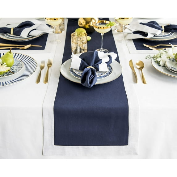 Solino Home Linen Table Runner 48 Inch - Navy/Silver Shimmer Border Decorative Table Runner 14 x 48 Inch for Holiday, New Year - Festive Edge, Handcrafted and Machine Washable