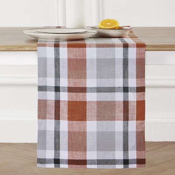 Solino Home Pure Linen Cinnamon Plaid Table Runner 14 x 90 Inch for Dining - New Year – Fall Buffalo Check