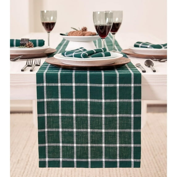 Solino Home Linen Plaid Table Runner 90 Inches Long - 100% Pure Linen Windowpane Dark Green Table Runner 14 x 90 Inch for Dining, Holiday, Winter, New Year
