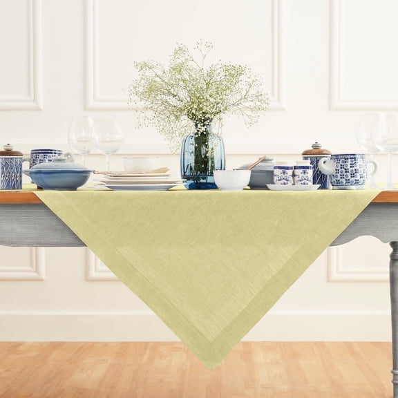 Linen Tablecloth 52 x 52 Inch - 100% Pure Linen Square Table Throw - Athena, Machine Washable Chambray Yellow Tablecloth