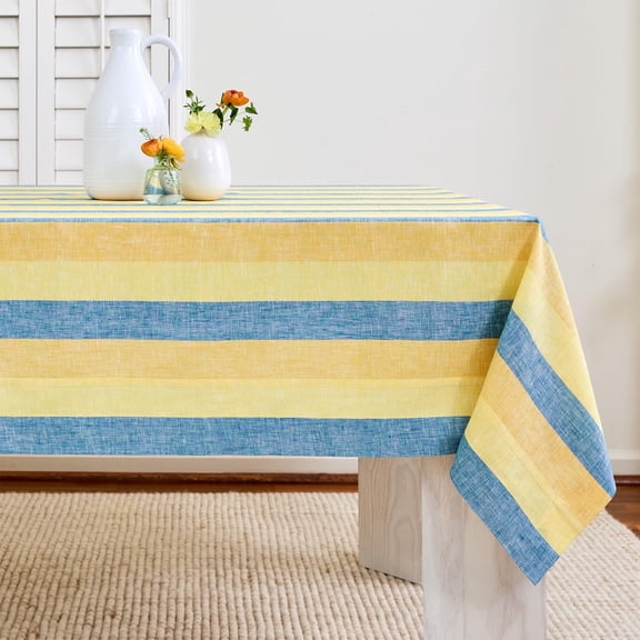 Solino Home Linen Tablecloth 52 x 52 Inch - Cabana Stripe, 100% Pure Linen Bright Summer Stripe Square Tablecloth - Machine Washable Table Throw