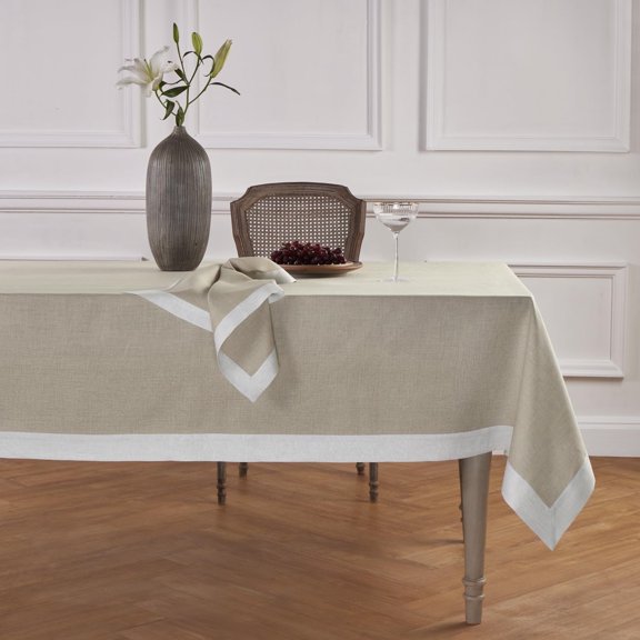 Solino Home Linen Tablecloth 52 x 52 Inch - Natural/Silver Shimmer Border Decorative Tablecloth - Machine Washable Square Table Throw for Winter, New Year - Festive Edge