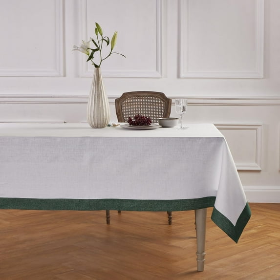 Solino Home Linen Tablecloth 52 x 52 Inch - White/Green Shimmer Border Decorative Tablecloth - Machine Washable Square Table Throw for New Year - Festive Edge