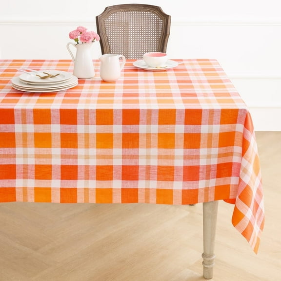 Solino Home Linen Tablecloth 60 x 108 Inch - 100% Pure Linen Plaid Pumpkin Table Cloth for Rectangle Tables - Autumn, Halloween, Fall Buffalo Check Machine Washable Tablecloth