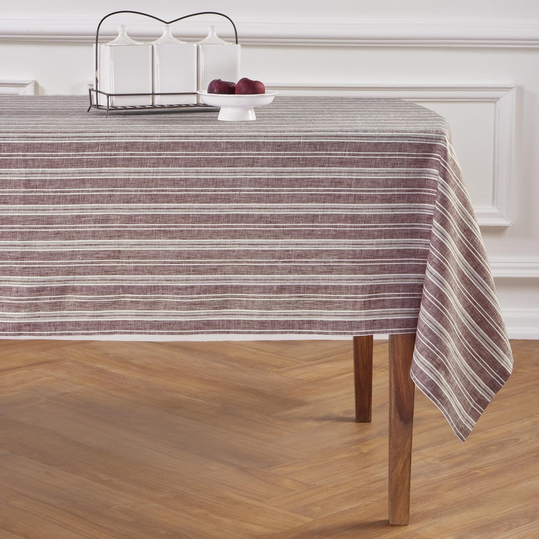 Solino Home Linen Table Runner 14x72 Inch - Chelsea Stripe Burgundy & White, 100% Pure Linen For Dining & Holidays
