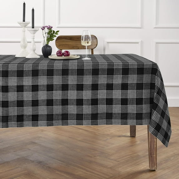Solino Home Linen Tablecloth 60 x 120 Inch - 100% Pure Linen Glen Check Black and White Table Cloth for Rectangle Tables - Machine Washable Tablecloth for Winter, Holiday