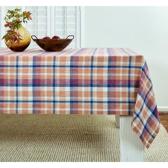 Solino Home Linen Tablecloth 60 x 144 Inch - 100% Pure Linen Plaid Fall Multicolor Table Cloth for Rectangle Tables - Autumn, Fall Flavors Madras, Machine Washable Tablecloth