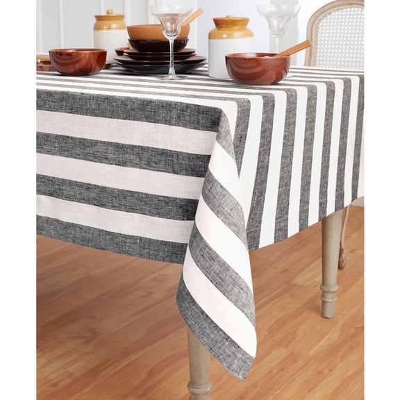 Linen Tablecloth 60 x 90 Inch - Cabana Stripe 100% Pure Linen Black and White Table Cloth for Rectangle Tables - Machine Washable Tablecloth