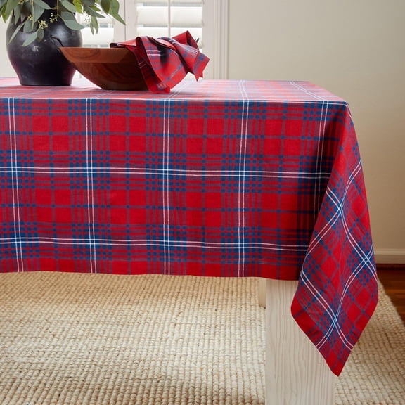 Linen Tartan Plaid Tablecloth 60 x 144 Inch - 100% Pure Linen Red and Navy Table Cloth for Rectangle Tables - Machine Washable Tablecloth