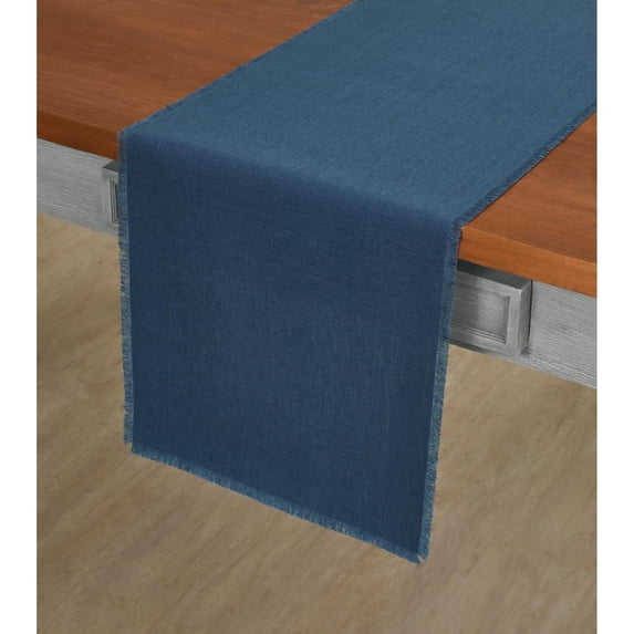 Linen Vintage Blue Table Runner 90 Inches Long - Fringe, 100% Pure Linen Dining Table Runner 14 x 90 Inch