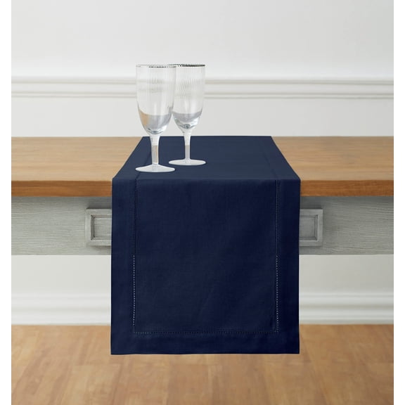 Solino Home Navy Blue Table Runner 90 Inches Long - Cotton Linen Hemstitch 14 x 90 Inch Table Runner for Dining, Spring, Easter, Winter, Mothers Day
