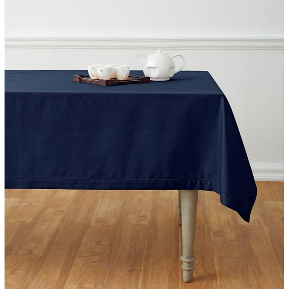 Solino Home Navy Blue Tablecloth 52 x 52 Inch - Cotton Linen Hemstitch Square Tablecloth - Machine Washable Table Throw for Winter, Spring, Easter, Mothers Day