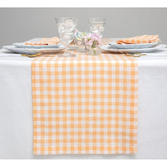 Solino Home Linen Gingham Check Table Runner 60 Inches - 100% Pure Linen Sunny Orange Checkered Table Runner 14 x 60 Inch Ideal for Dresser and Coffee Tables