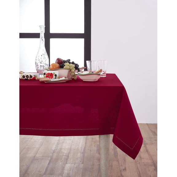 Solino Home Red Cotton Linen Tablecloth 54 x 72 Inch - Hemstitch Table Cloth for Rectangle Tables - Machine Washable Tablecloth for Winter, Mothers Day