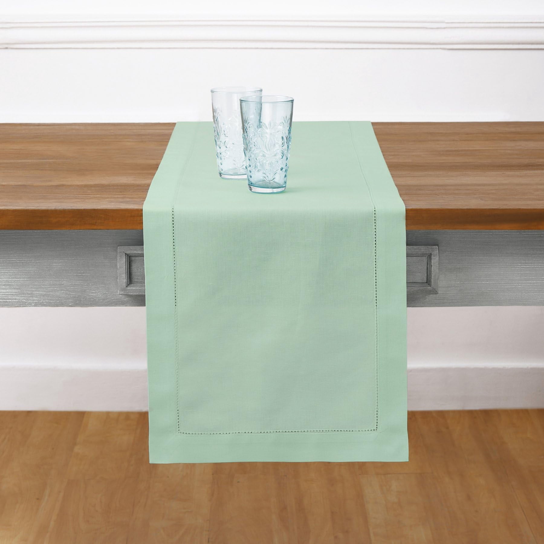 Solino Home Table Runner 108 Inches Long - Cotton Linen Hemstitch Aqua Table Runner 14 x 108 Inch for Winter, Spring, Easter, Mothers Day