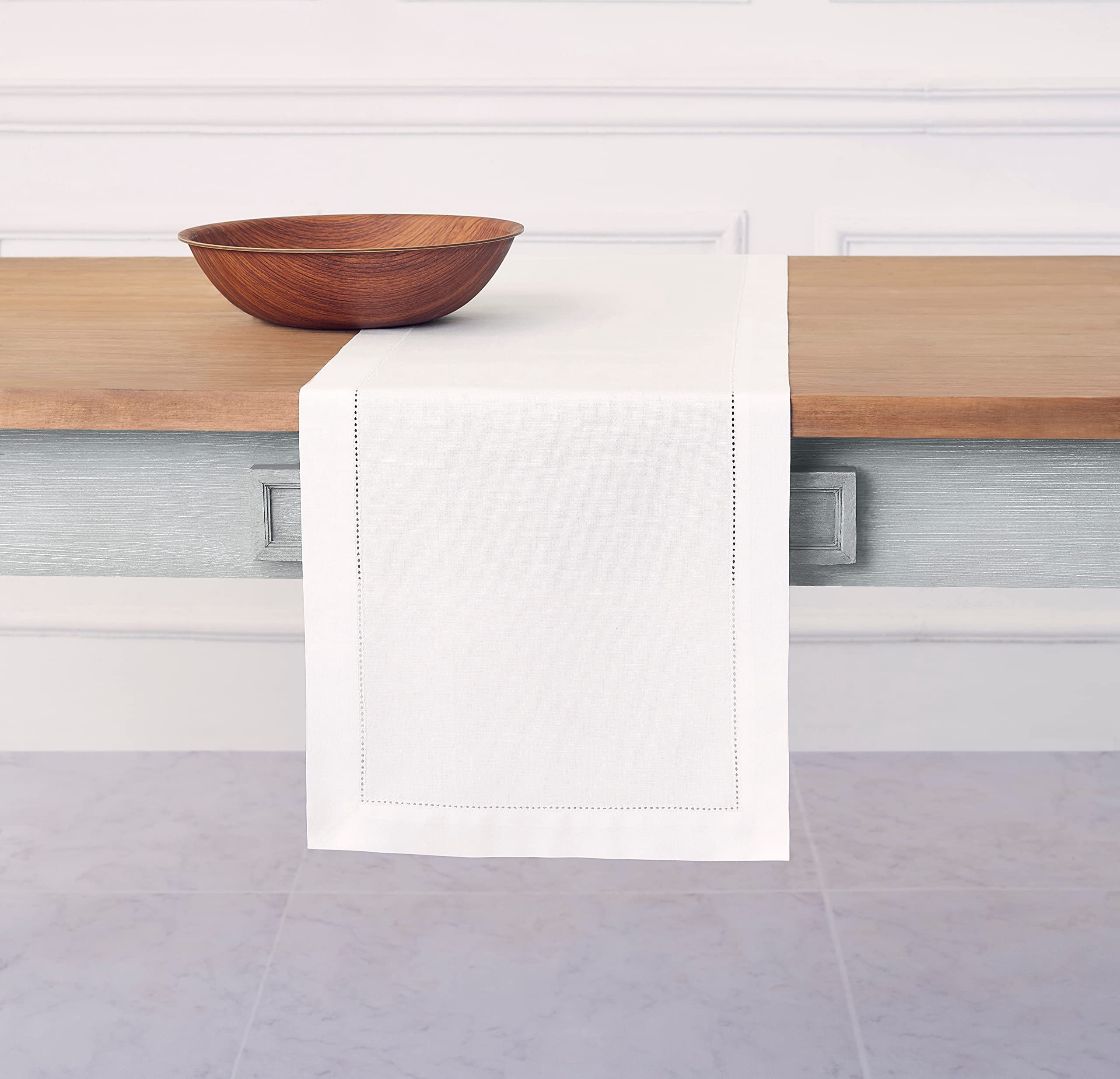 Solino Home White Table Runner 108 Inches Long - Cotton Linen Hemstitch 14 x 108 Inch Table Runner for Dining, Winter, Mothers Day, Spring, Easter