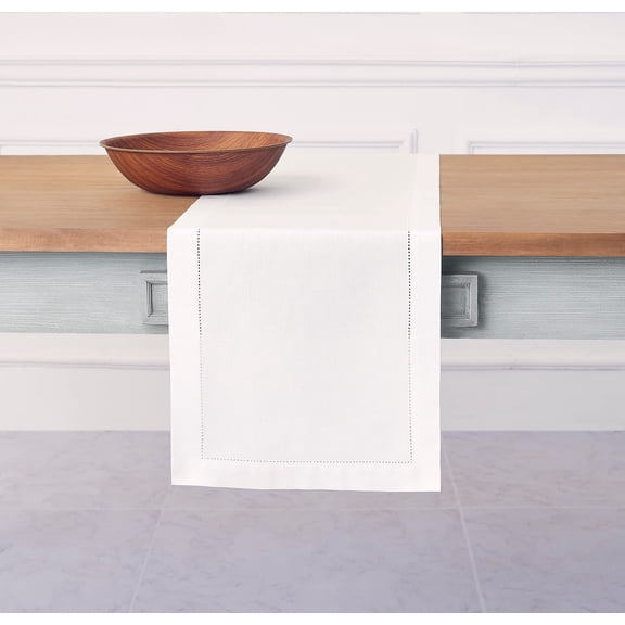 Solino Home White Table Runner 108 Inches Long - Cotton Linen Hemstitch 14 x 108 Inch Table Runner for Dining, Winter, Mothers Day, Spring, Easter